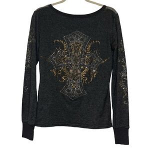 Miss Me Cross Rhinestone Bling Button Thermal Top Shirt Large Boho Western​​